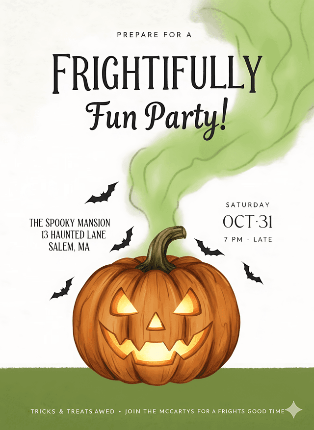 A spooky Halloween party invitation featuring a glowing jack-o'-lantern with green smoke rising from it, surrounded by bats. Text reads 'FRIGHTFULLY Fun Party!' and includes event details for October 31st at 'THE SPOOKY MANSION' in Salem, MA.